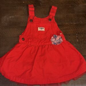 Oshkosh Bgosh Skirtall Girls Size 18m Red Corduroy Flower Tulle Overalls Dress